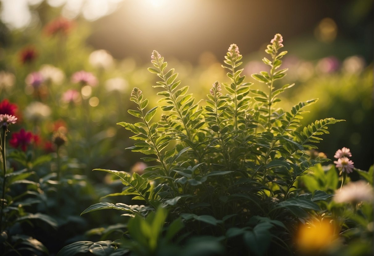 A lush green plant growing tall and strong, surrounded by vibrant flowers and bathed in warm sunlight
