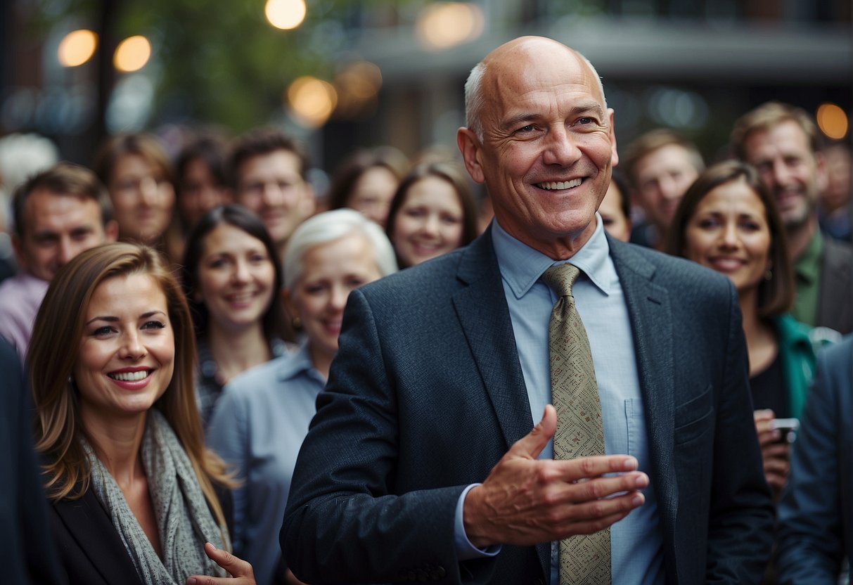 A cancer man surrounded by curious onlookers, answering questions with a warm smile and attentive demeanor