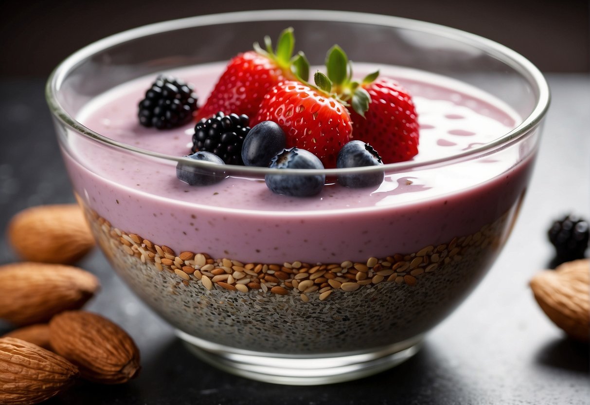 A clear glass bowl filled with layers of chia seeds and almond milk, topped with fresh berries and a drizzle of honey