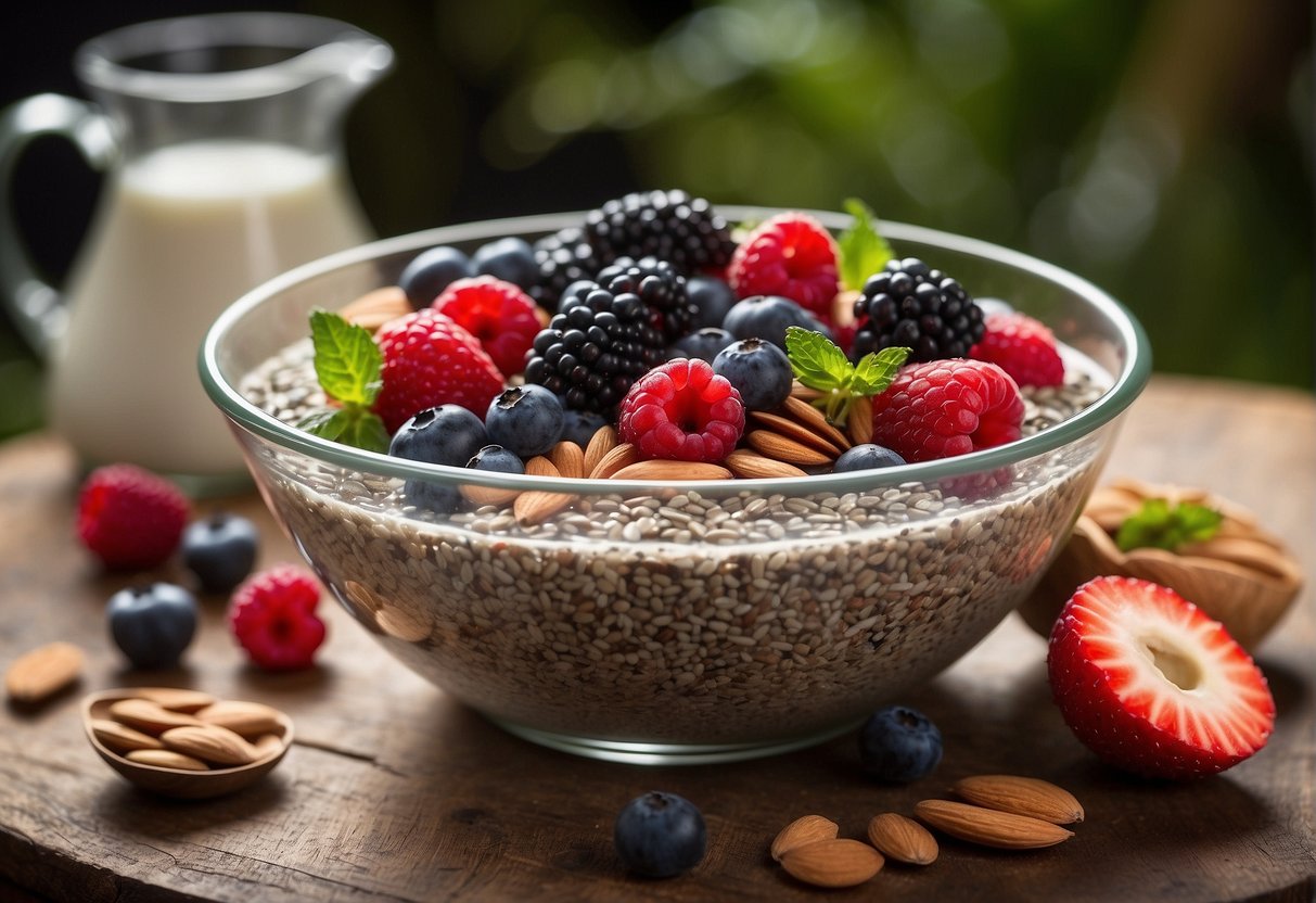 A glass bowl filled with chia seeds soaking in coconut milk, surrounded by fresh berries and sliced almonds