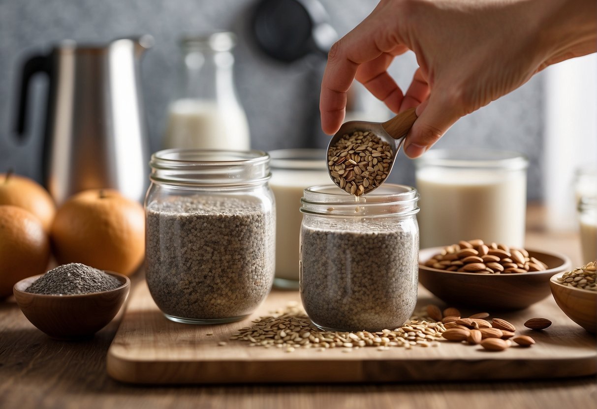 A hand reaches for a jar of chia seeds, while a bowl of almond milk and a spoon sit on the counter. Ingredients are laid out for making chia pudding