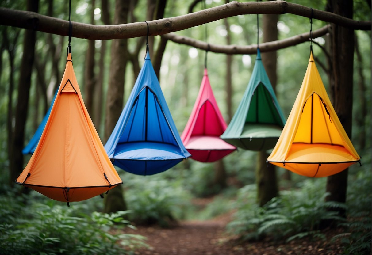 Several colorful hanging camping tents suspended from tree branches in a lush forest setting