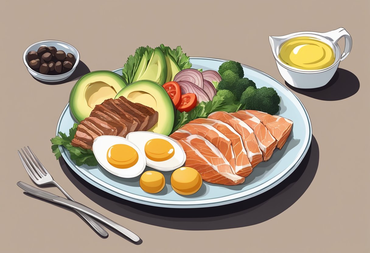 A plate with a variety of meats, fish, eggs, and low-carb vegetables, with a side of avocado and olive oil