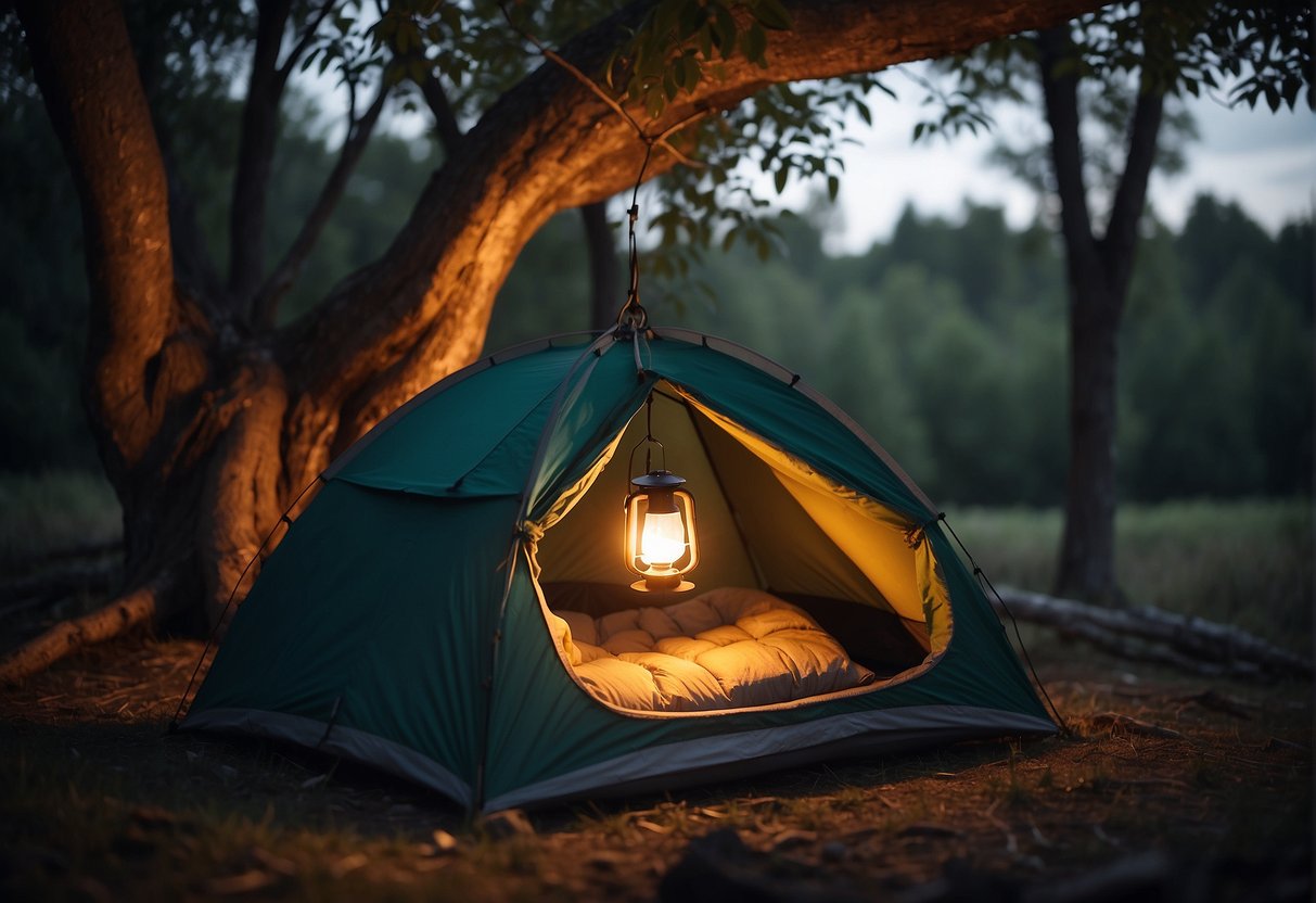 A camping tent suspended from a tree branch, with a glowing lantern inside and a sleeping bag laid out on the ground
