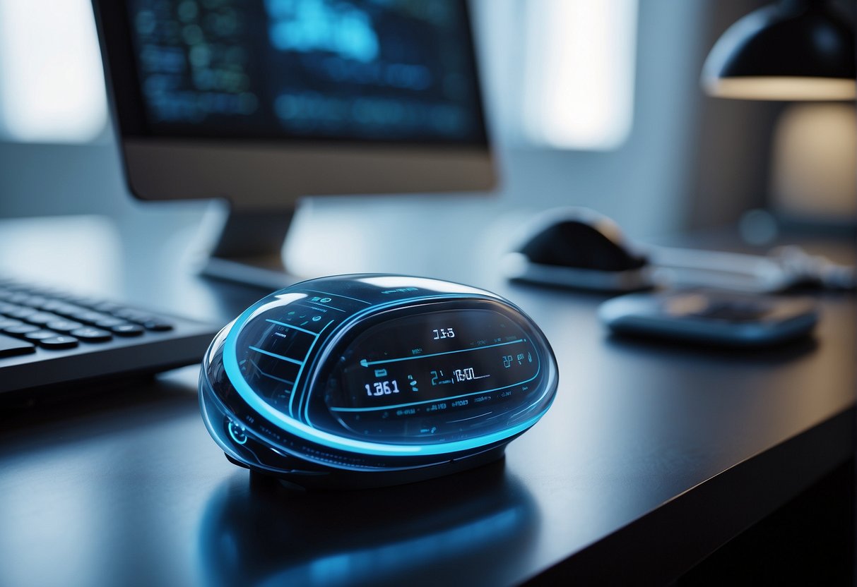 A sleek, futuristic AI device sits on a desk, emitting a soft blue glow. Its interface displays a series of swirling patterns and data, indicating its active state