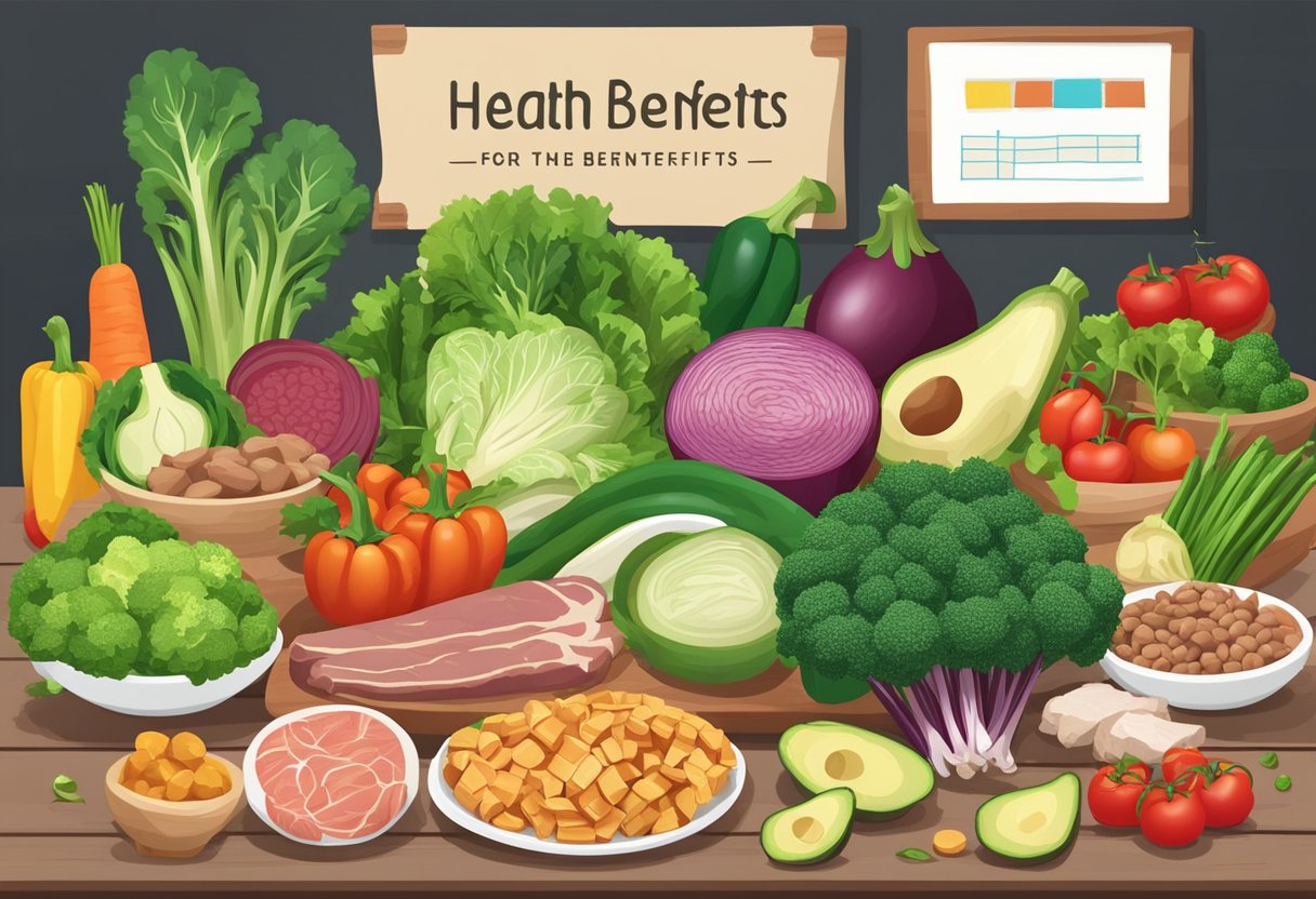 A colorful array of fresh vegetables, lean meats, and healthy fats arranged on a table, with a banner reading "Health Benefits of Ketovore" displayed prominently