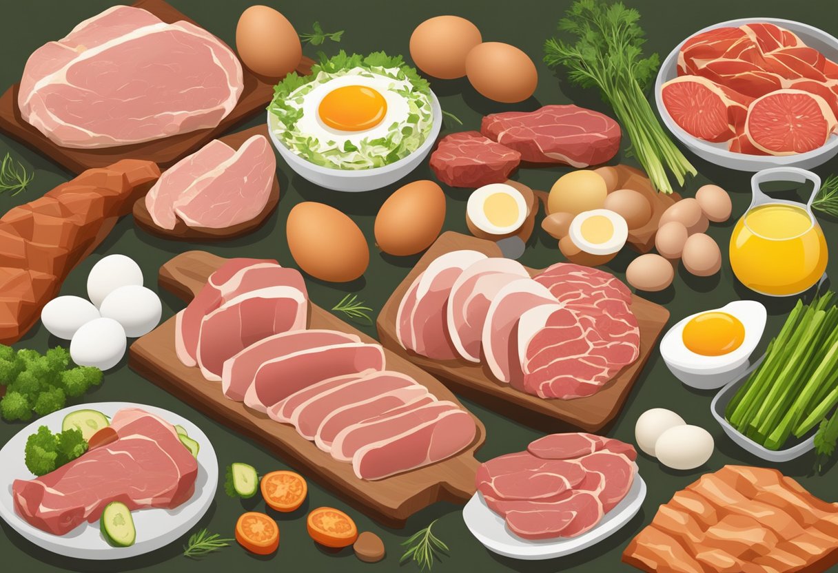 A table with a variety of fresh meats, eggs, non-starchy vegetables, and healthy fats arranged in a balanced and appetizing display What is Ketovore? 