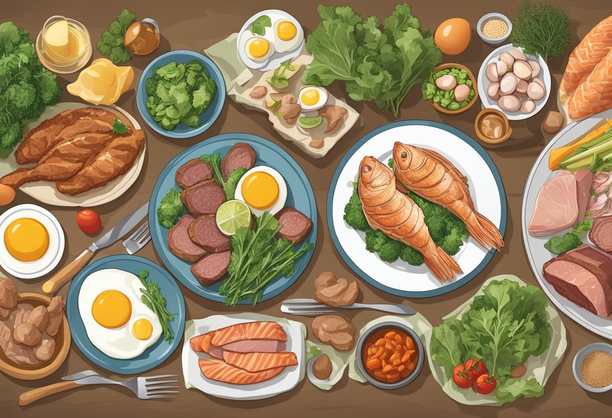 A table set with various meats, fish, eggs, and low-carb vegetables. A person's plate features a high-protein, low-carb meal What is Ketovore? 