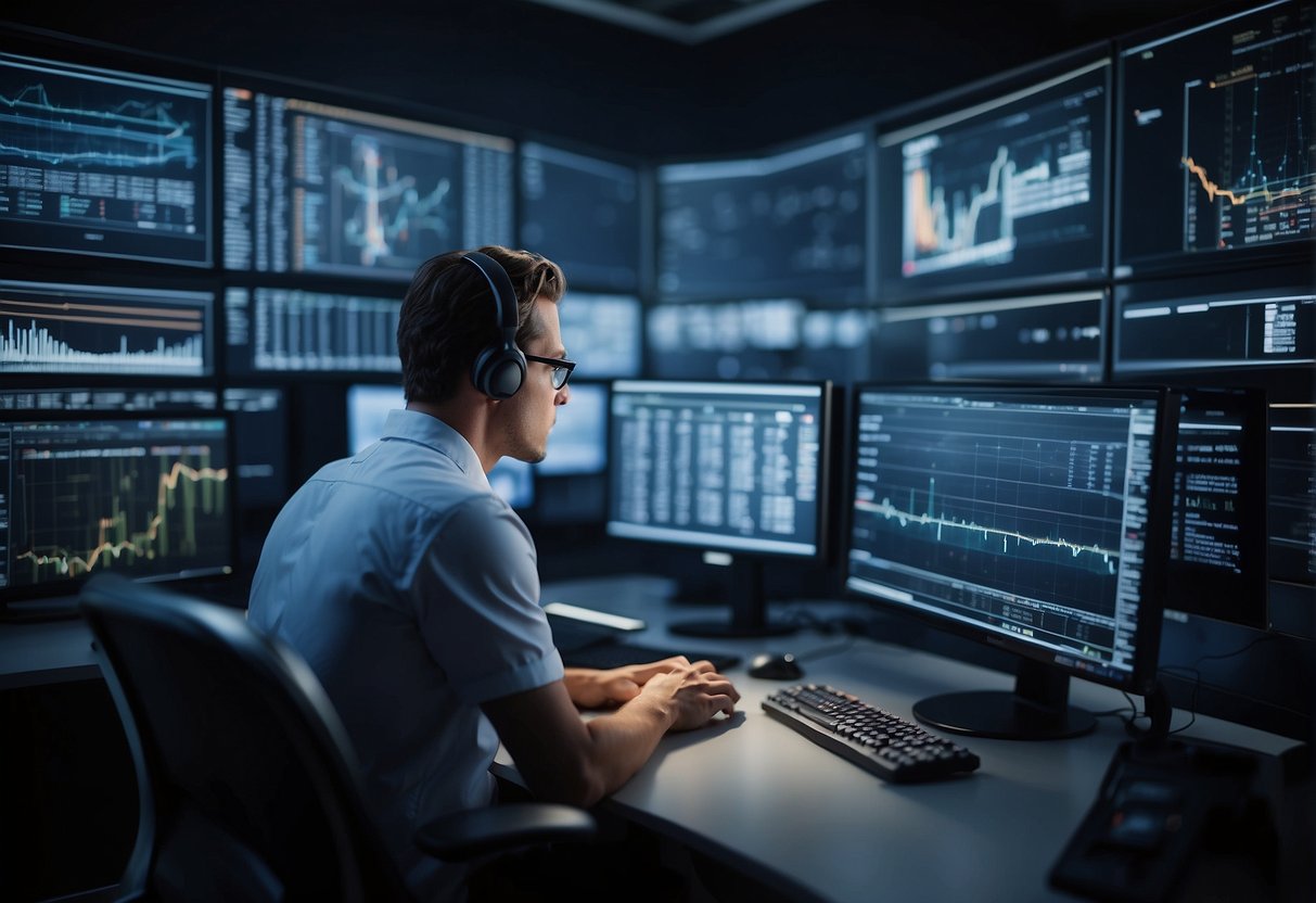 An AI analyzing data on a computer screen, surrounded by technical equipment and charts