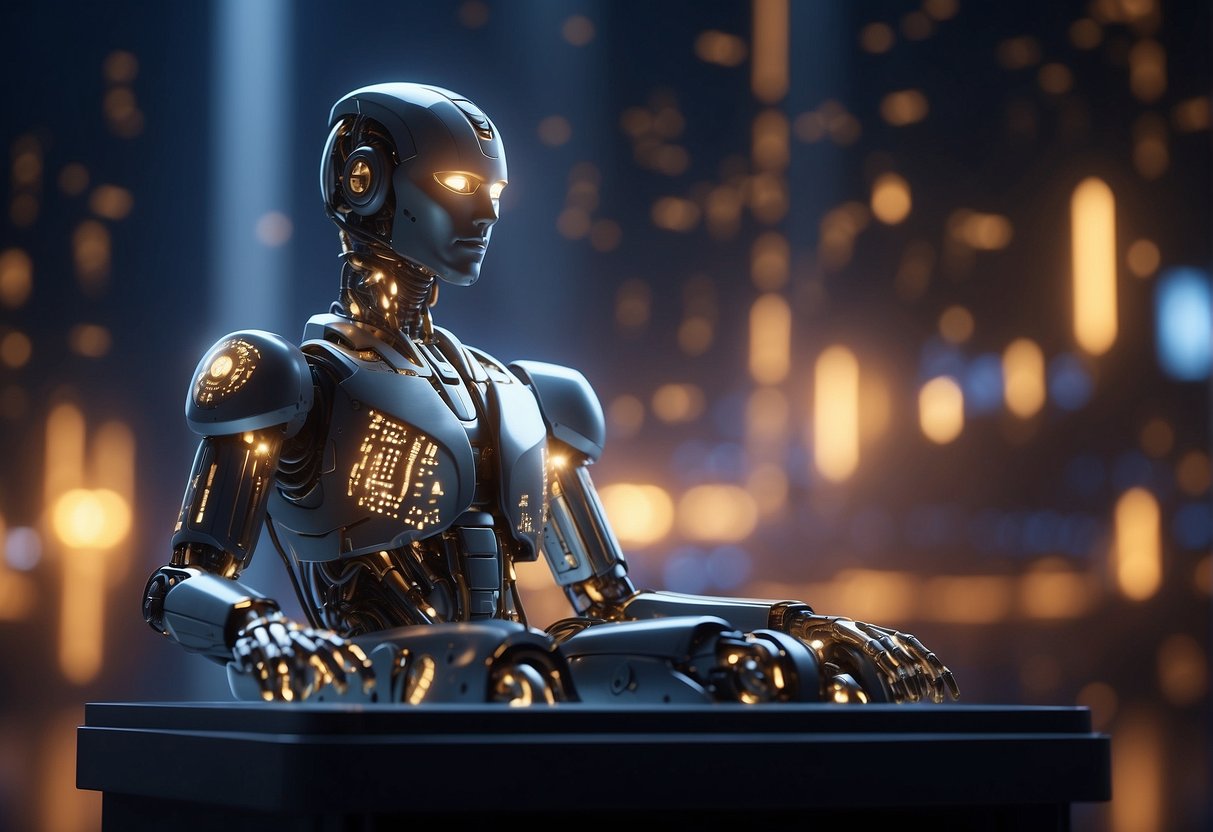 An AI sitting on a pedestal, surrounded by glowing symbols of data and algorithms, with a beam of light illuminating it