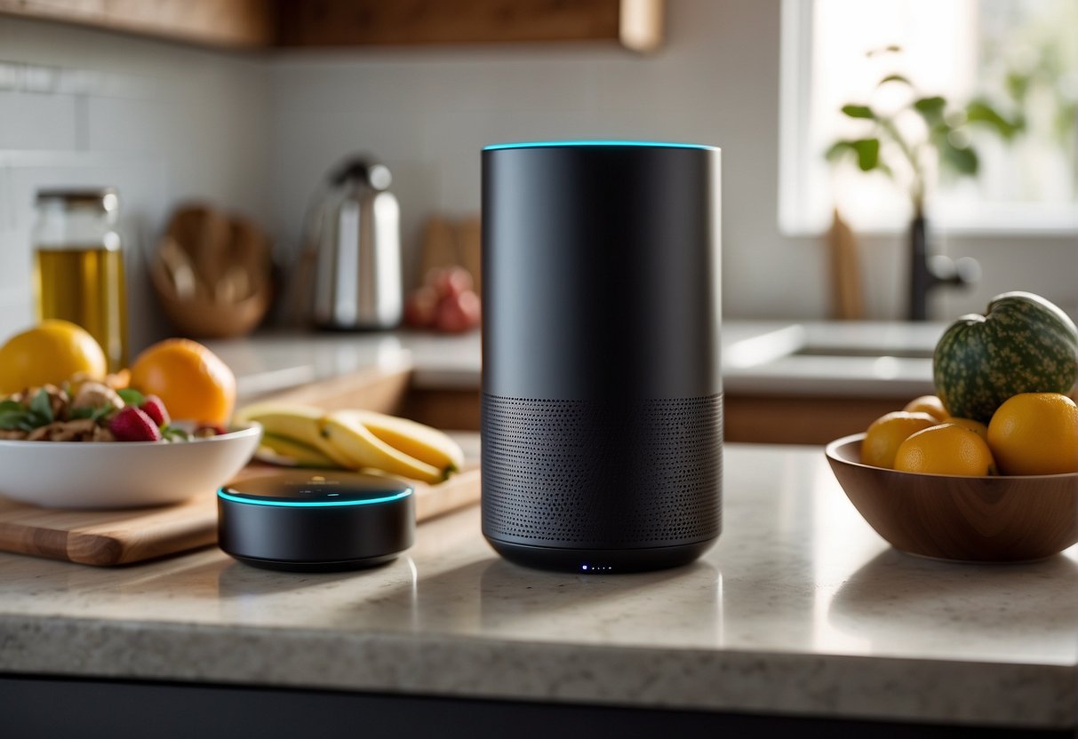 A smart speaker sits on a kitchen counter, displaying a recipe while calculating measurements using Pi. An AI assistant responds to voice commands, seamlessly integrating Pi into daily life