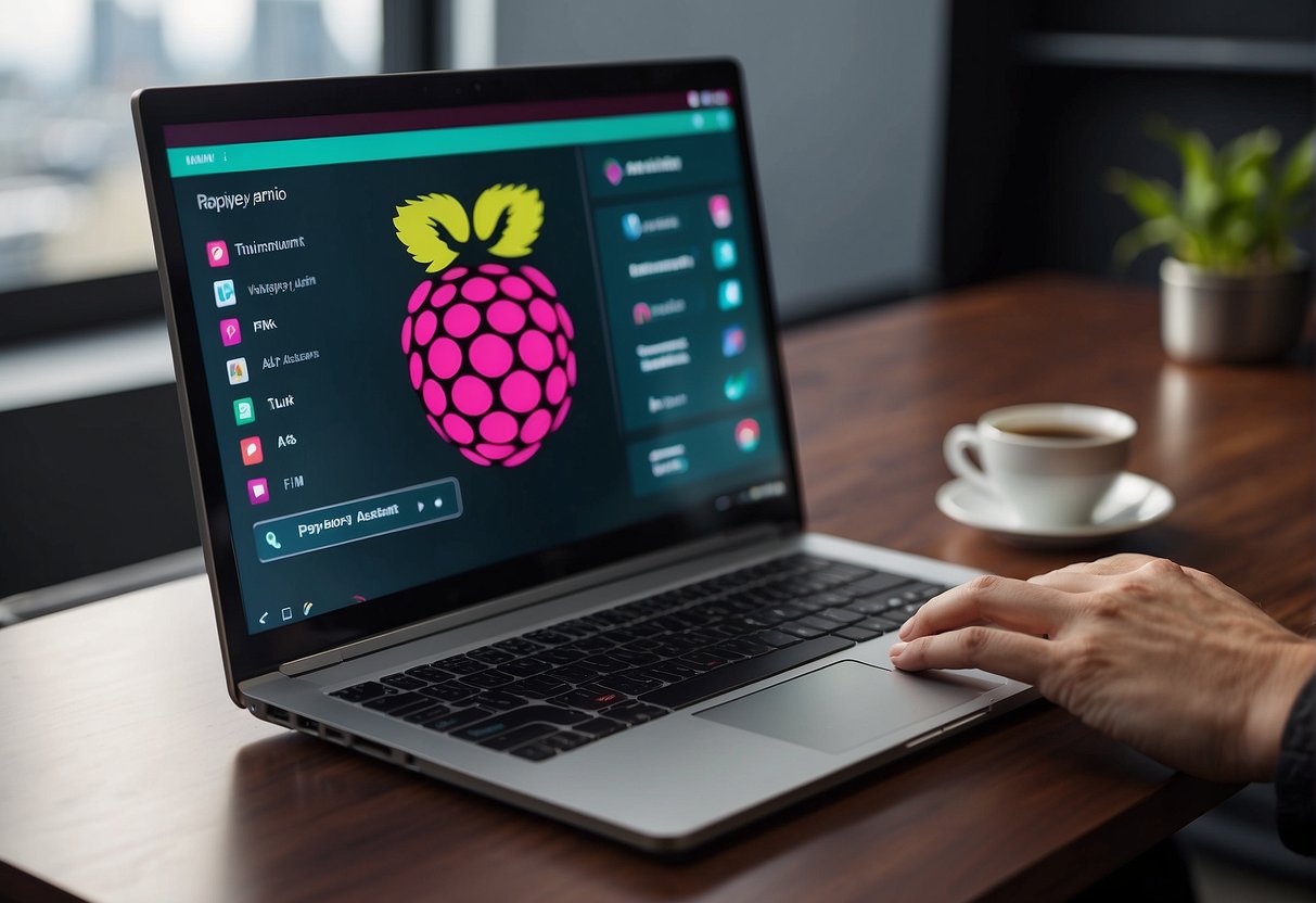 A sleek, modern desk with a Raspberry Pi computer and a digital assistant interface displayed on the screen. A user's hand reaching out to interact with the AI