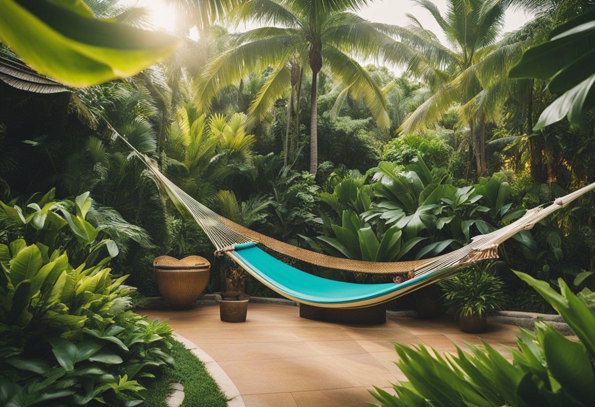 A lush garden with palm trees, colorful flowers, and flowing water features. A hammock sways in the breeze, surrounded by vibrant foliage and exotic plants