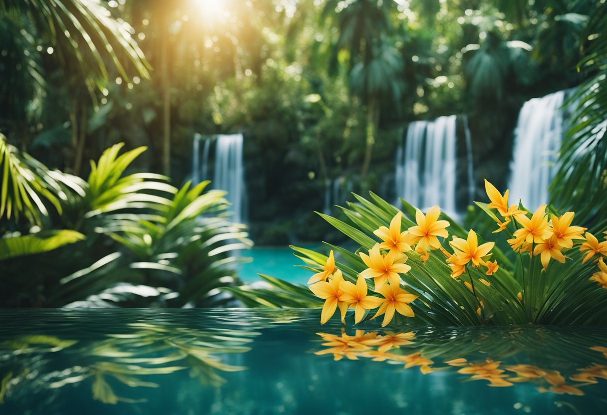 Lush palm trees sway in the warm breeze, surrounded by vibrant flowers and exotic foliage. A serene waterfall cascades into a crystal-clear pool, creating a tranquil oasis