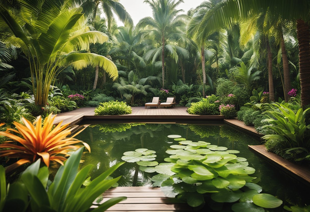 A lush tropical garden with palm trees, colorful flowers, and exotic foliage. A serene pond reflects the vibrant greenery, while a wooden deck provides a relaxing outdoor space