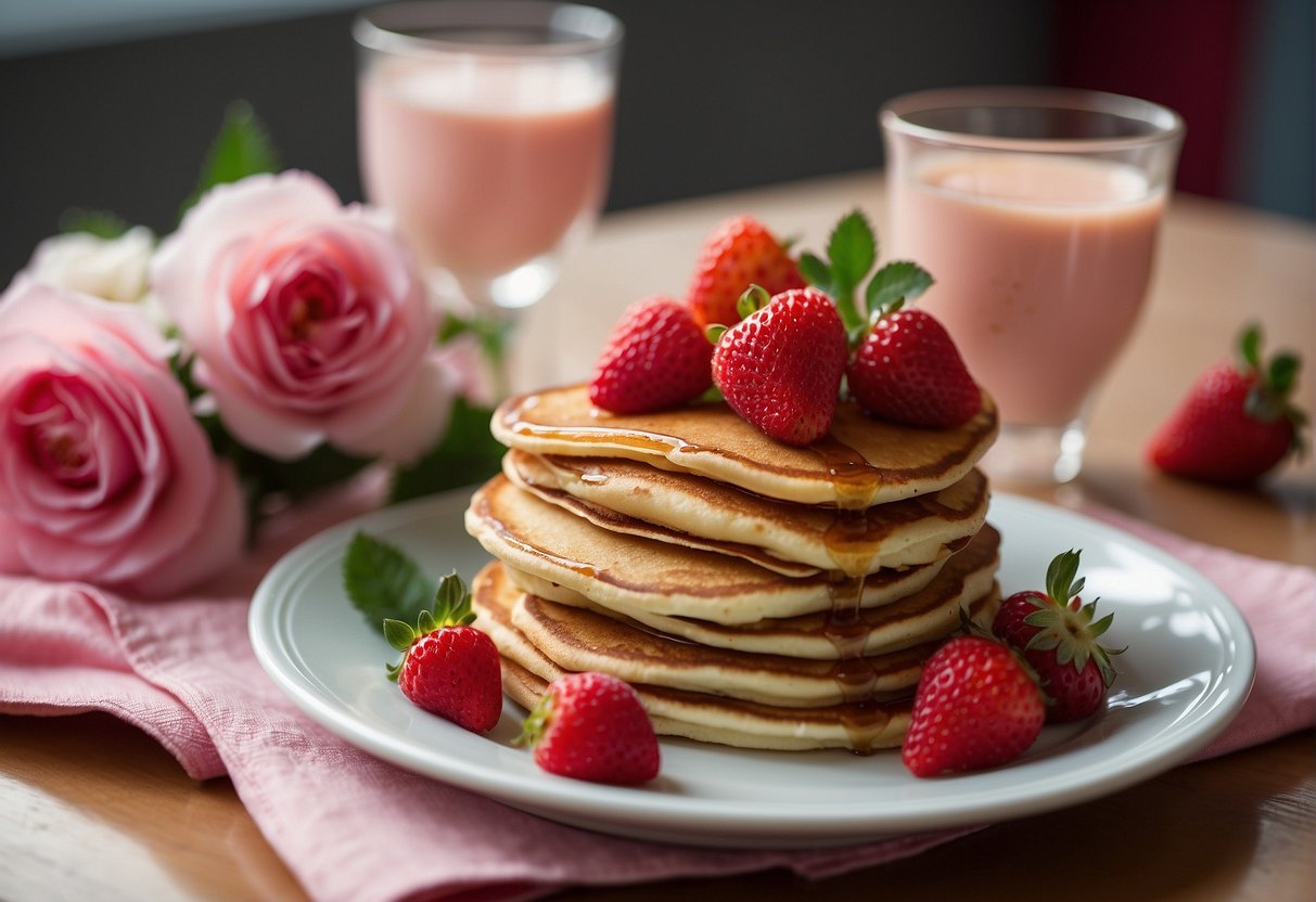 A heart-shaped pancake stack drizzled with syrup, surrounded by fresh strawberries and raspberries, with a glass of pink milk and a small vase of red roses on the table