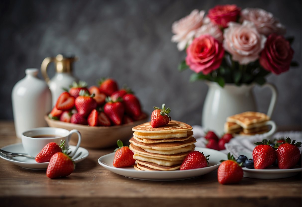 A table set with heart-shaped pancakes, strawberries, and heart-shaped waffles. A vase of fresh flowers and a card with "Happy Valentine's Day" sits on the table