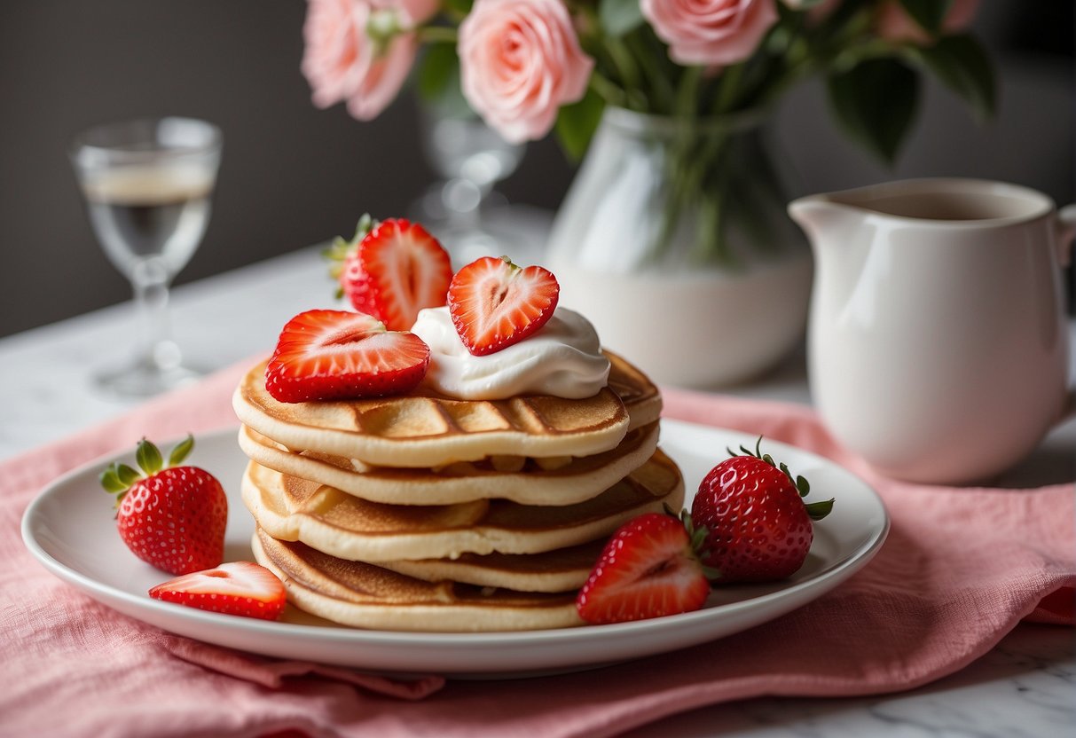 A table set with heart-shaped pancakes and waffles, topped with strawberries and whipped cream. A vase of fresh flowers and heart-shaped plates add to the Valentine's Day theme