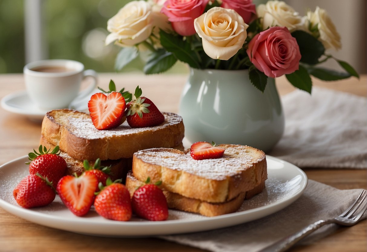 A table set with heart-shaped French toast, strawberry rolls, and a vase of fresh flowers