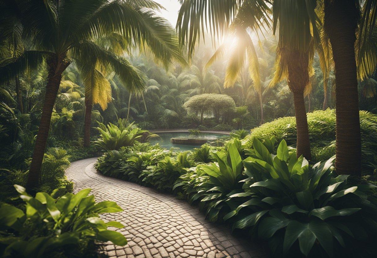 A lush tropical landscape with palm trees, vibrant flowers, and a winding path leading to a tranquil water feature surrounded by lush greenery. The sun is shining, casting warm rays on the scene