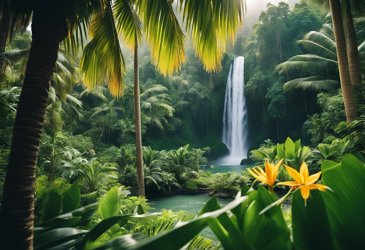 A lush tropical landscape with palm trees, vibrant flowers, and a cascading waterfall surrounded by lush greenery and exotic wildlife