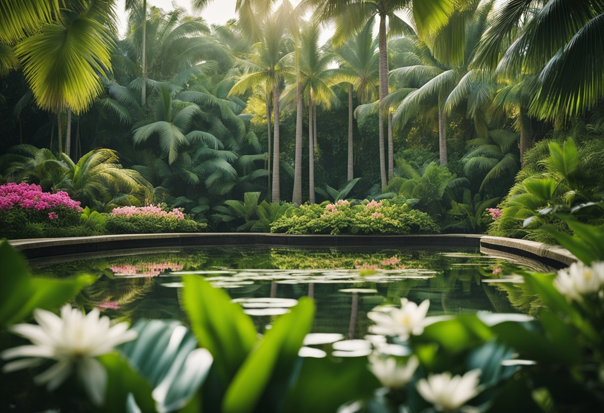 Lush green foliage cascades over vibrant flowers, surrounding a tranquil pond. Palm trees sway in the gentle breeze, creating a serene tropical paradise