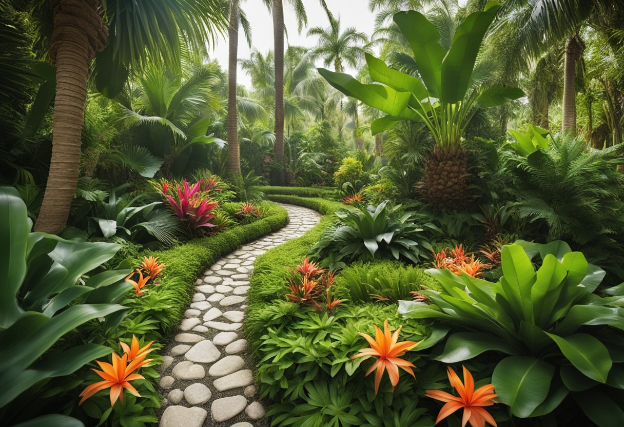 Lush tropical plants surround a winding stone path, leading to a tranquil water feature. Vibrant flowers and towering palms create a vibrant and serene atmosphere