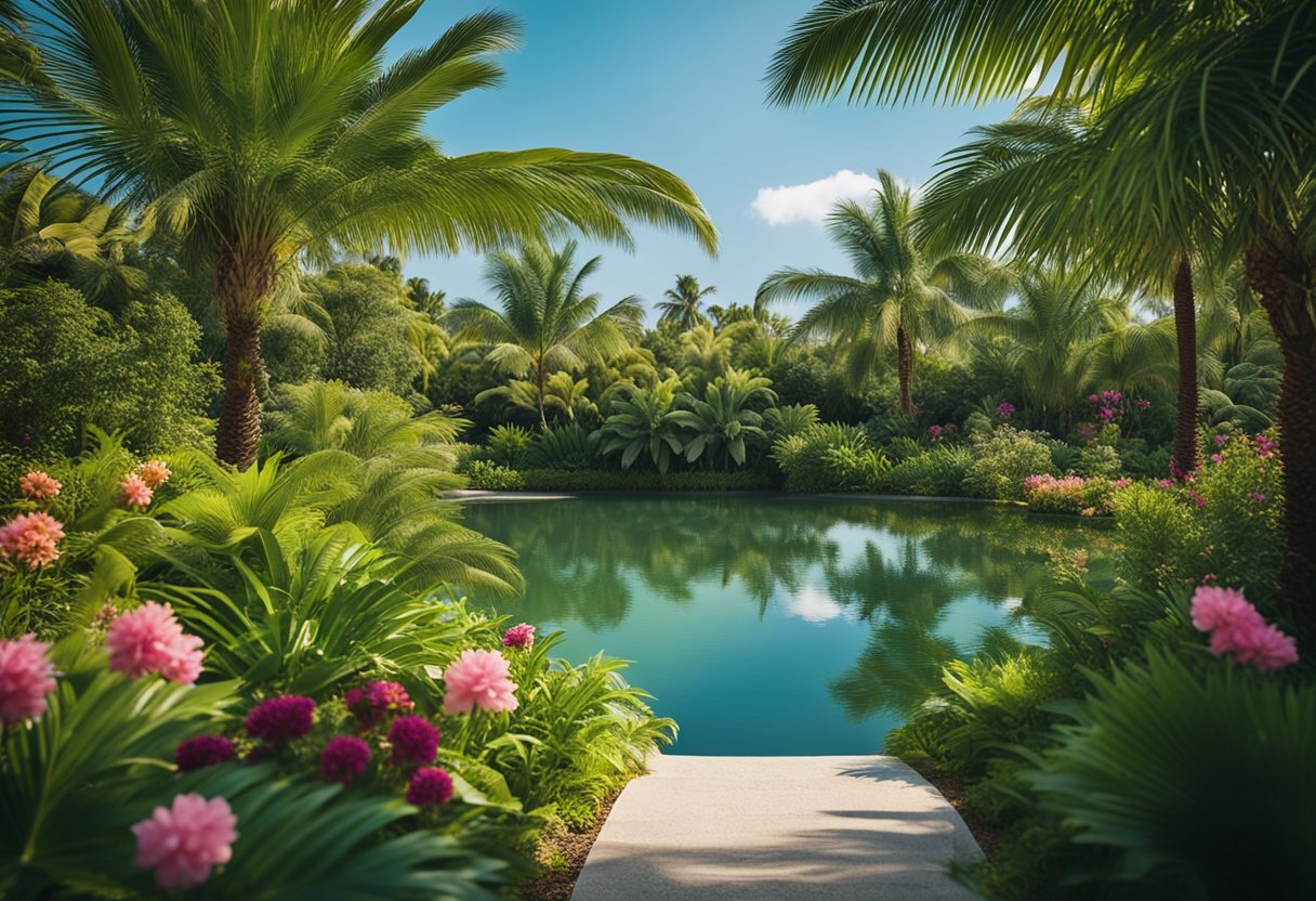 Lush green palm trees sway in the gentle breeze, surrounded by vibrant flowers and exotic plants. A serene pond reflects the clear blue sky, creating a tranquil oasis in the tropical garden