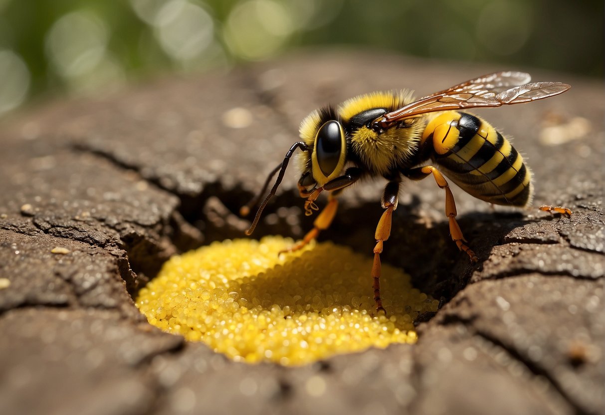 Yellow jackets swarm around a hole in the ground. A person pours a powdered insecticide into the hole, causing the yellow jackets to emerge and die