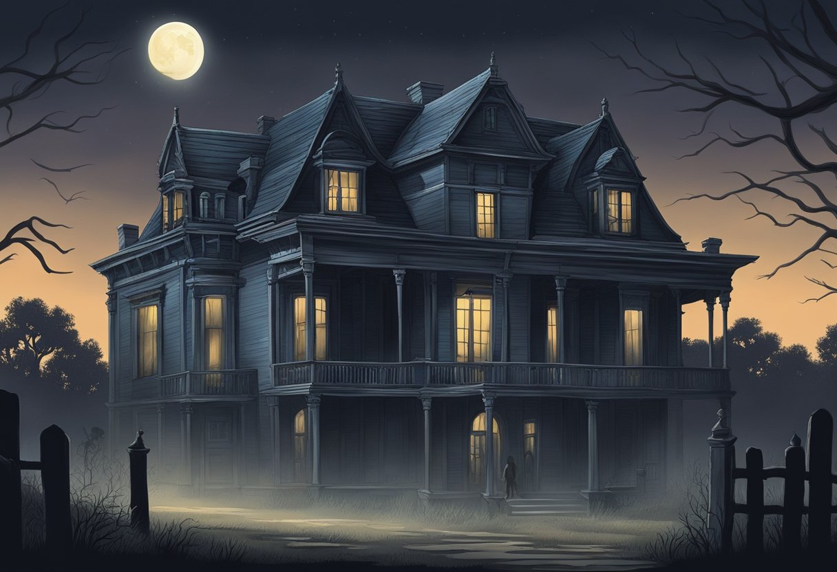 A dark, abandoned mansion looms in the moonlight. Shadowy figures move behind dusty windows, and eerie whispers fill the air. The history of Texas' most haunted locations comes to life in this chilling scene