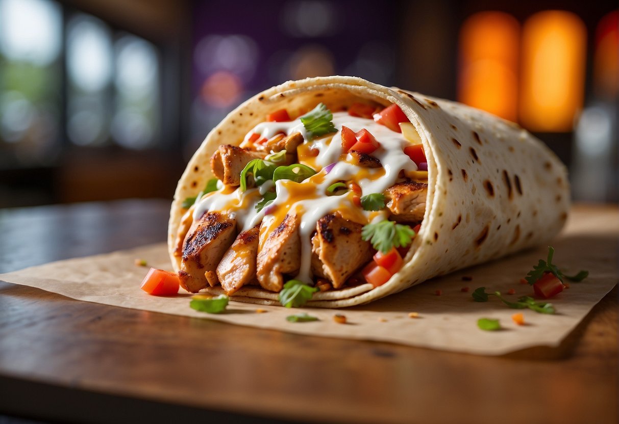 A sizzling grilled chicken burrito is being generously drizzled with chipotle ranch sauce in a vibrant Taco Bell kitchen