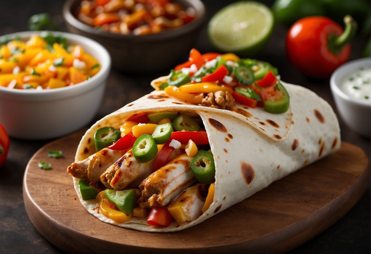 A sizzling chicken burrito sizzling on the grill, surrounded by vibrant chipotle peppers, fresh ranch dressing, and a medley of colorful vegetables