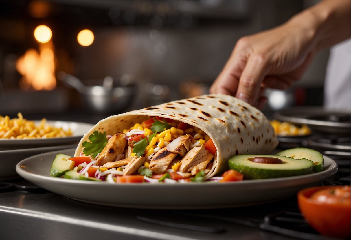 A sizzling grilled chicken burrito with chipotle ranch sauce is being assembled in a fast-food kitchen, surrounded by various ingredients and cooking utensils