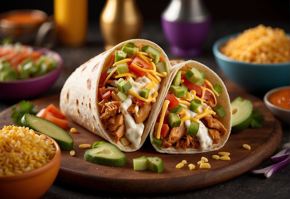 A sizzling chicken burrito is being assembled with chipotle ranch sauce at Taco Bell, surrounded by colorful ingredients and the iconic bell logo