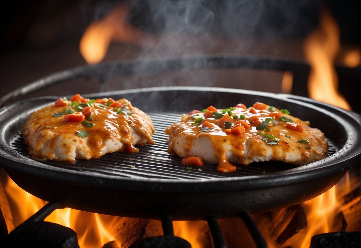 A sizzling chicken breast grills on a hot pan, smothered in chipotle ranch sauce. A tortilla warms on the side, ready to be filled with the flavorful chicken and other taco bell ingredients