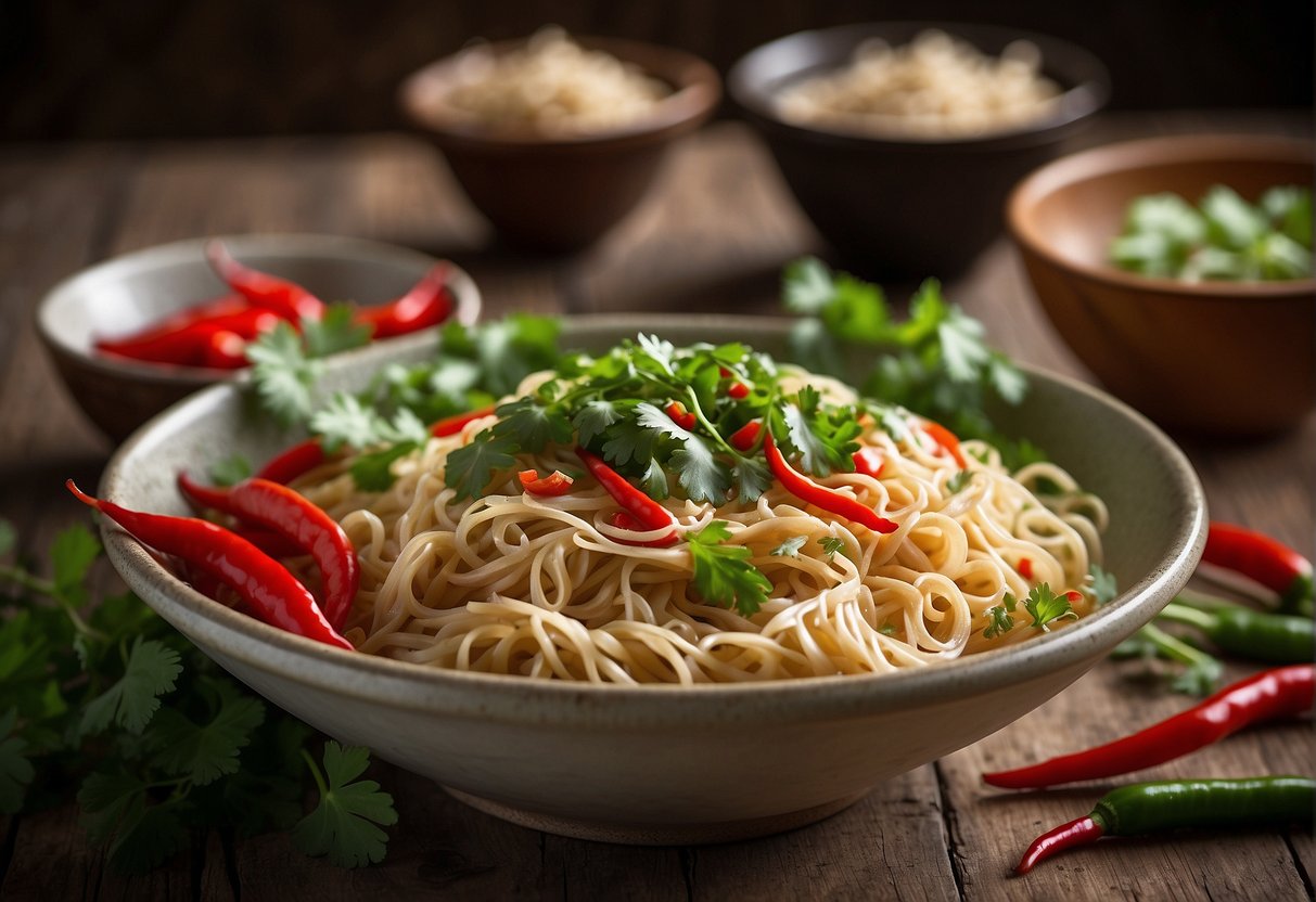 A steaming bowl of Trader Joe's Thai wheat noodles, garnished with fresh cilantro and sliced red chilies, sits on a rustic wooden table