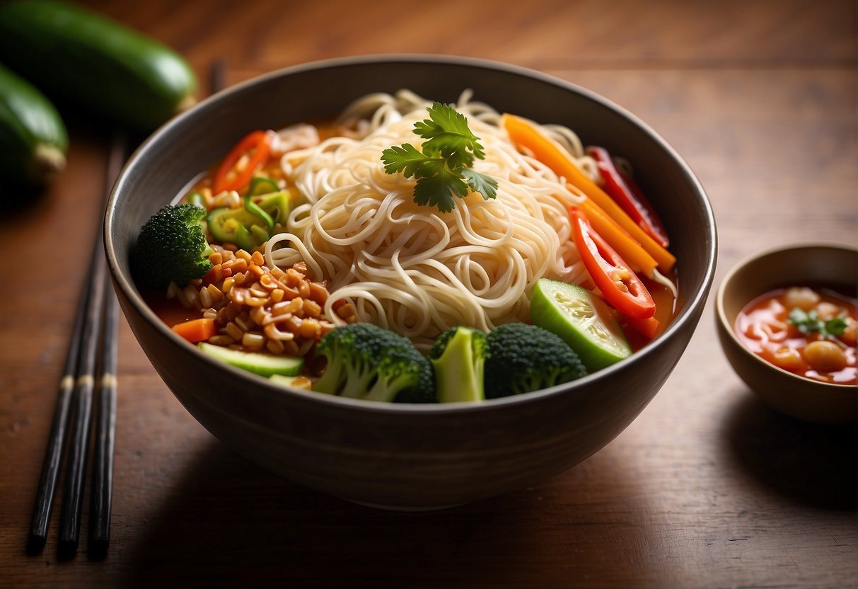 A steaming bowl of Thai wheat noodles with colorful vegetables and savory sauce sits on a wooden table, surrounded by chopsticks and a bottle of chili sauce