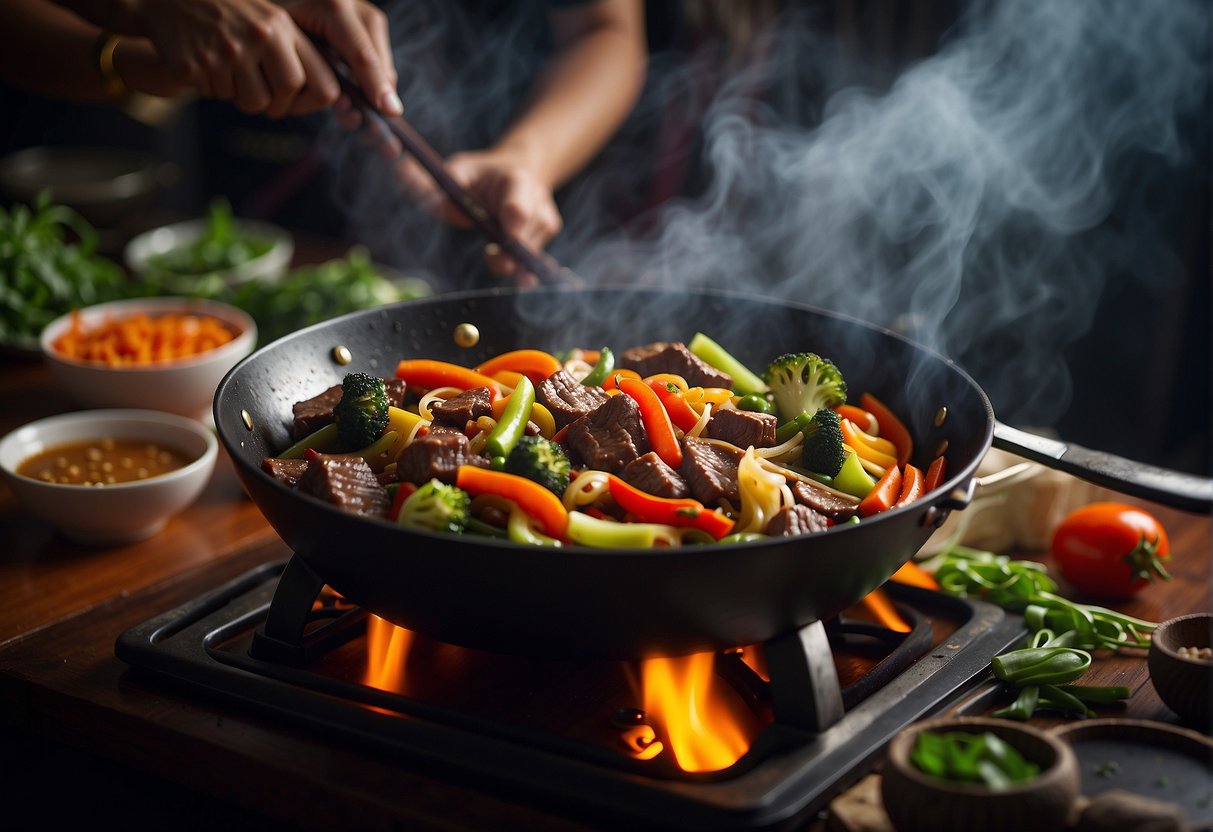 A sizzling wok cooks beef and colorful stir-fry vegetables, while fragrant Thai wheat noodles steam nearby