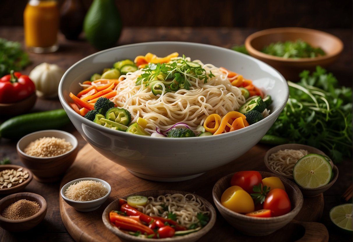A steaming bowl of Trader Joe's Thai wheat noodles with vibrant vegetables and aromatic herbs, surrounded by colorful spices and condiments