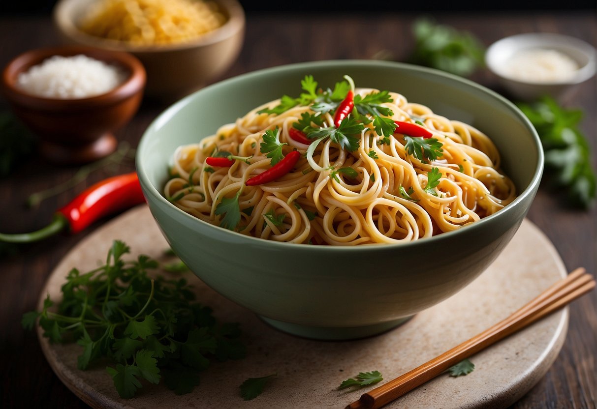 A bowl of Trader Joe's Thai wheat noodles surrounded by fresh herbs, chili peppers, and other ingredients, with a bottle of sauce nearby
