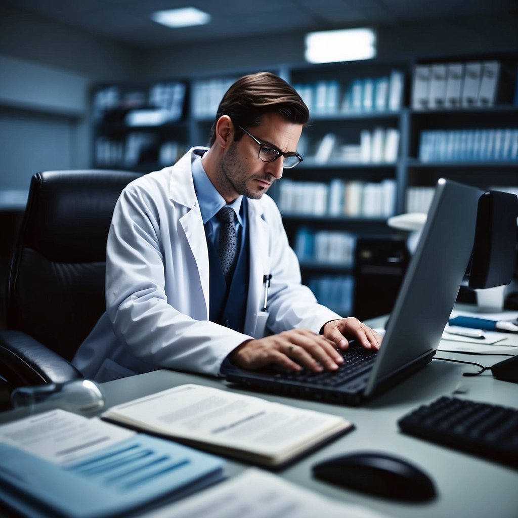A doctor typing at a computer, surrounded by medical journals and research papers