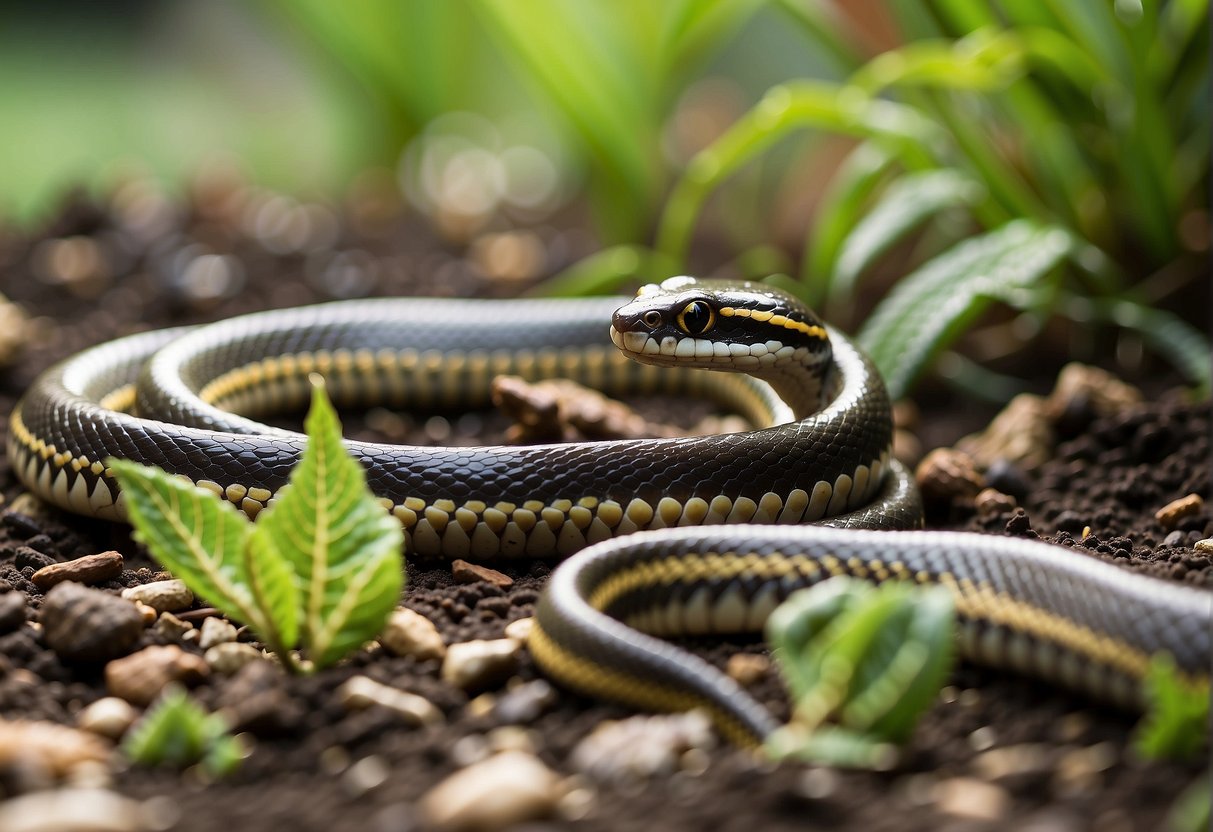 Garter snakes slithering out of a garden, a shovel poised to capture or relocate them