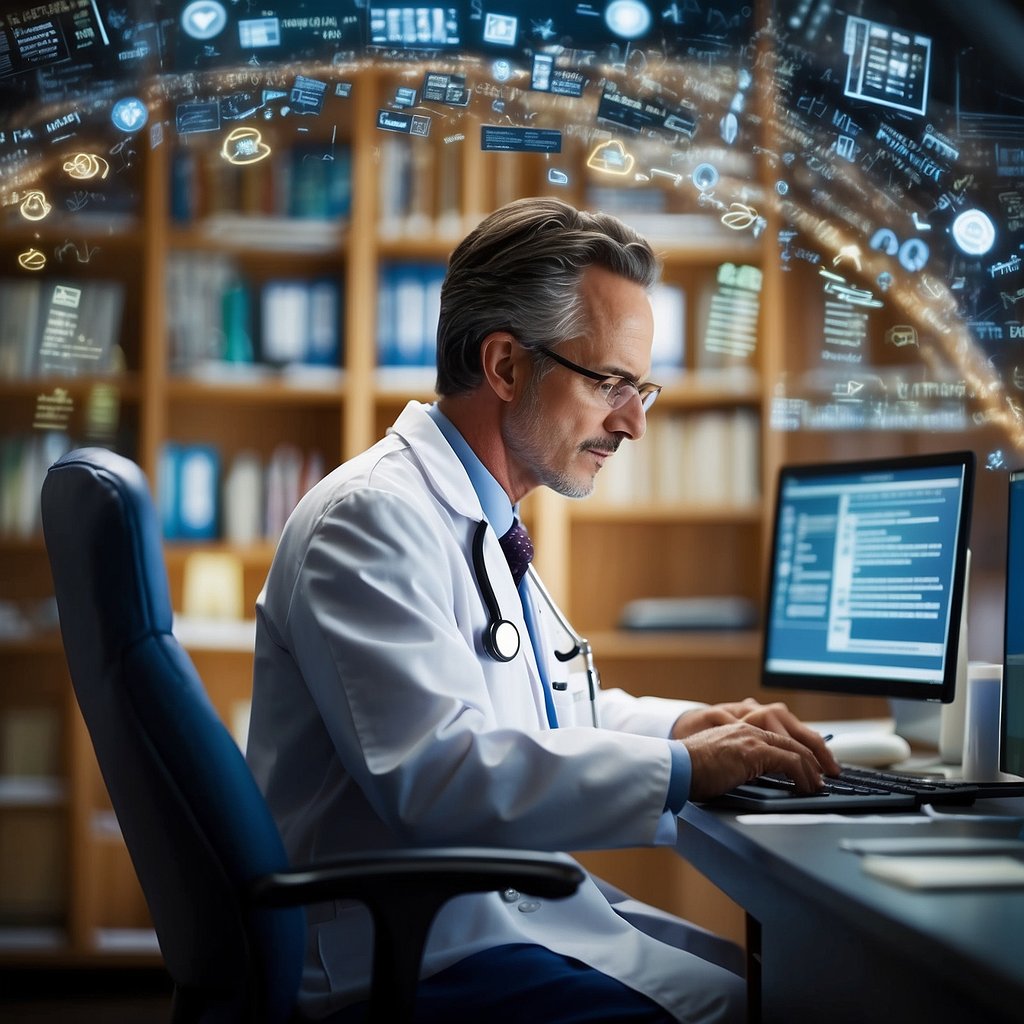 A doctor typing at a computer, surrounded by medical journals and research papers. A blog post titled "Expanding Reach Beyond the Medical Community" is displayed on the screen