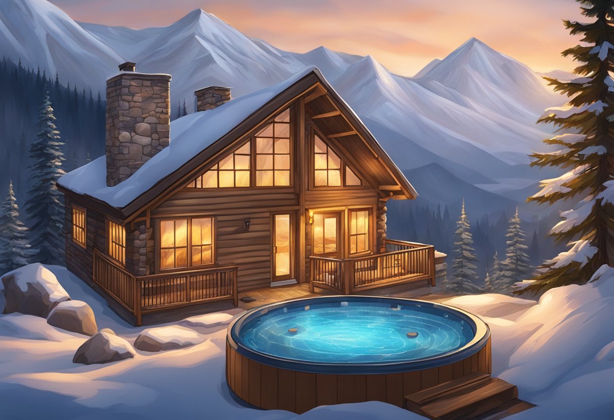 A cozy cabin nestled in the snowy peaks, with a crackling fire and a hot tub overlooking the mountains