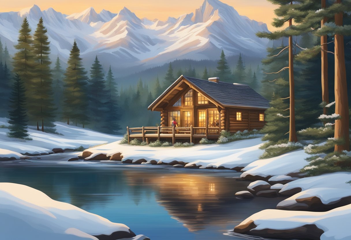A cozy cabin nestled among towering pine trees with a bubbling stream and snow-capped mountains in the background. A couple enjoys a romantic getaway in this serene mountain setting
