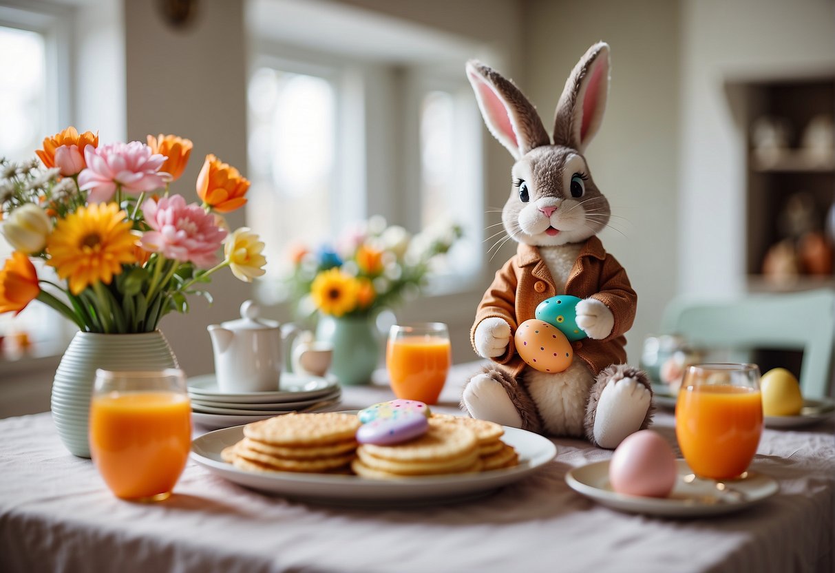 The Easter Bunny sits at a table with colorful eggs, a basket of carrots, and a plate of pancakes. The room is decorated with spring flowers and pastel decorations