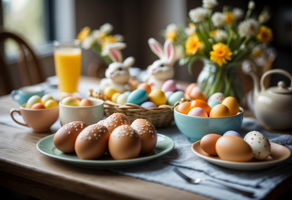 A festive breakfast spread with Easter-themed dishes and decorations. The Easter Bunny is surrounded by colorful eggs, pastel tableware, and spring flowers