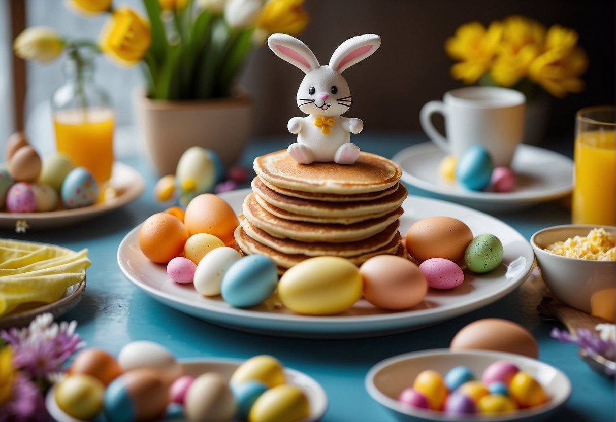 A colorful Easter-themed pancake art breakfast with the Easter Bunny surrounded by eggs, flowers, and festive decorations