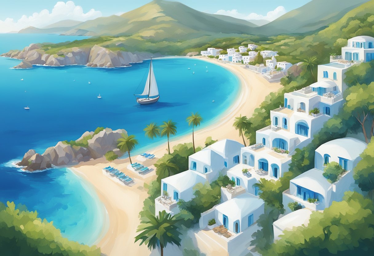 Aerial view of secluded Greek island resorts, surrounded by crystal-clear waters and lush greenery. White buildings with blue domes dot the landscape, and sandy beaches stretch along the coastline