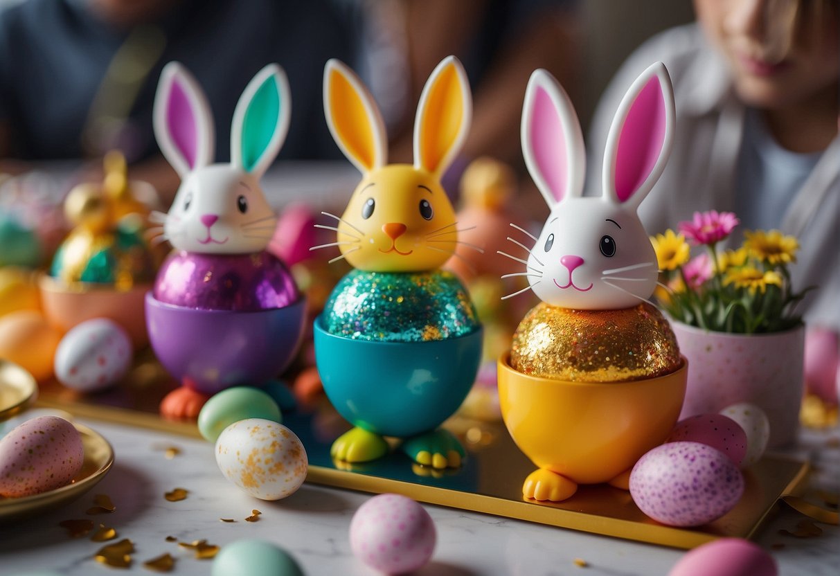 Children decorate Easter eggs at a festive breakfast with the Easter Bunny. Tables are filled with colorful dyes, glitter, and stickers. Bunny-themed treats are displayed on the table
